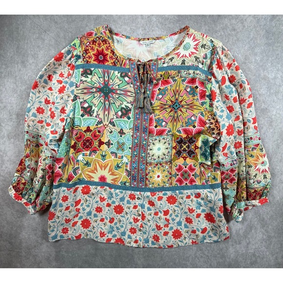 John Mark Tops - John Mark Womens XL Blouse Rayon Multicolor Floral Patchwork Boho Tassel Tie
